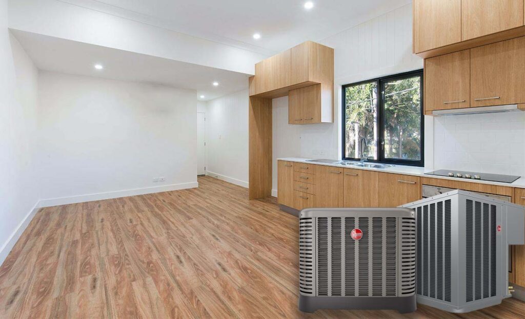 ac installation availabe-2 new rheem units-house inside in background